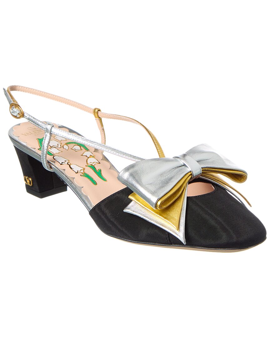 Valentino Bow 45 Grosgrain & Leather Slingback Pump Black