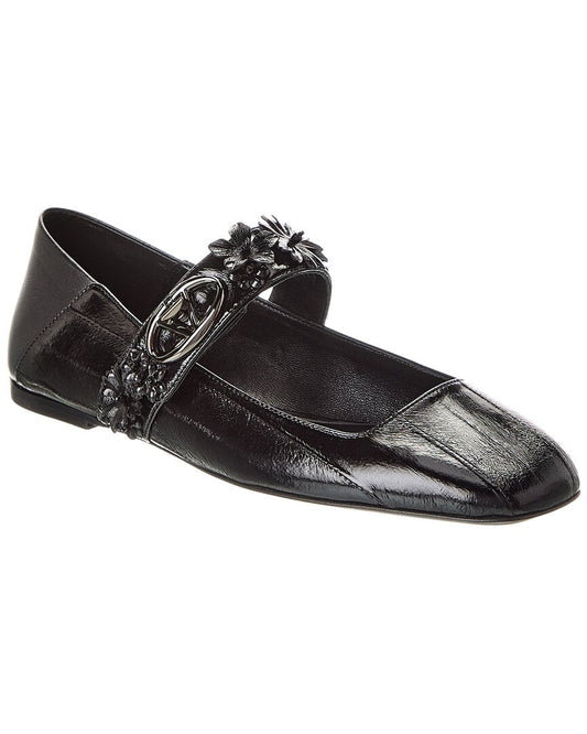 Valentino Floral Applique Leather Ballerina Flat Black