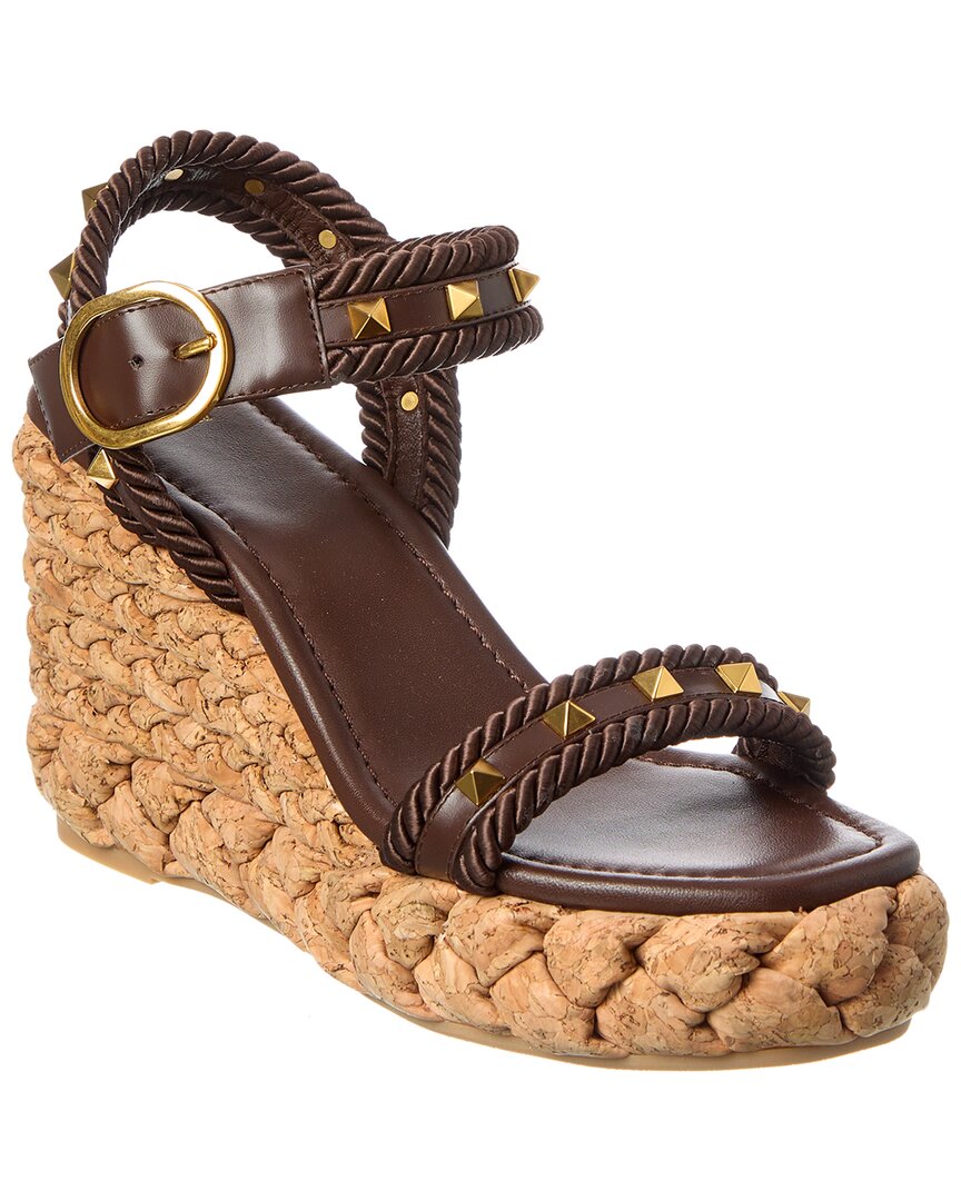 Valentino Rockstud 100 Leather Wedge Sandal Brown Multi