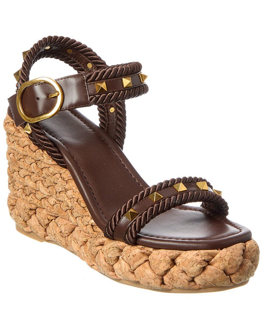 Valentino Rockstud 100 Leather Wedge Sandal Brown Multi