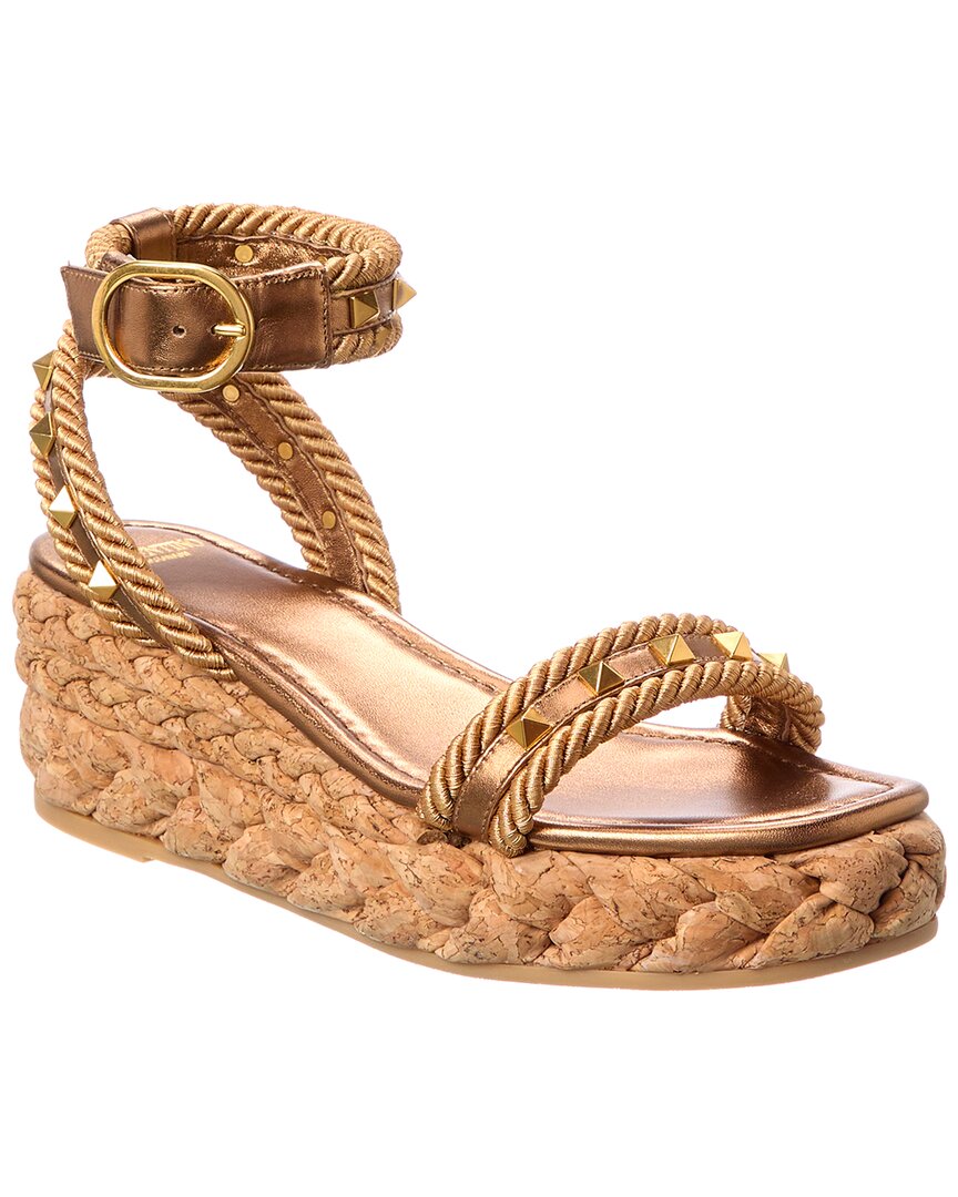 Valentino Rockstud 60 Rope & Leather Wedge Sandal Gold