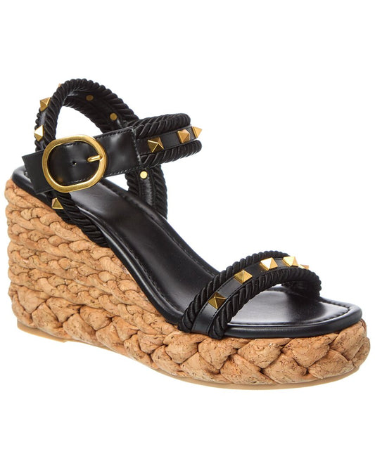Valentino Rockstud 100 Leather Wedge Sandal Black