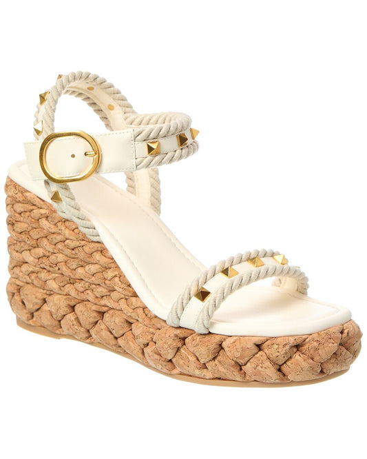 Valentino Rockstud 100 Leather Wedge Sandal White