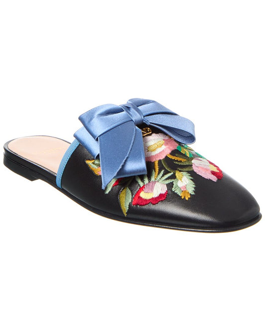 Valentino Floral Embroidered Leather Mule Black