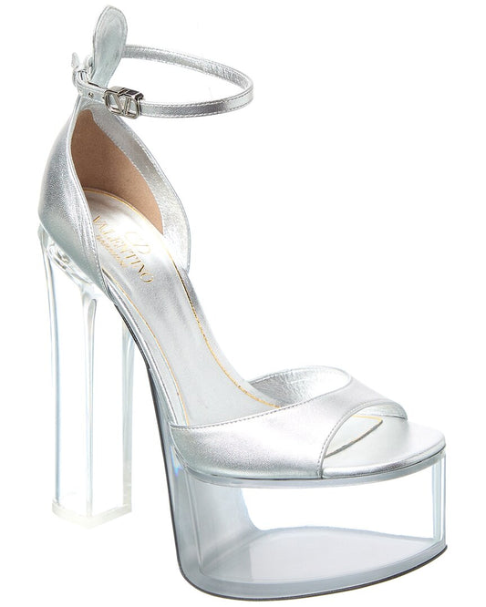 Valentino Vlogo 155 Leather Platform Sandal Silver