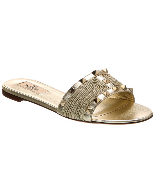 Valentino Rockstud Woven & Leather Sandal Gold