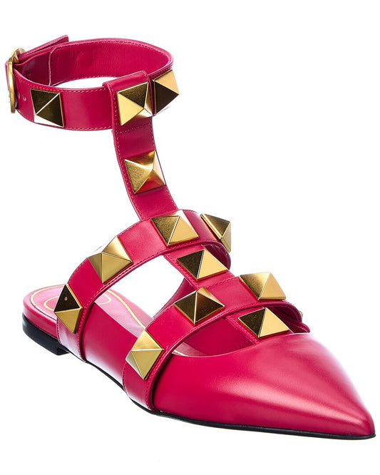 Valentino Roman Stud Leather Ankle Strap Flat Pink