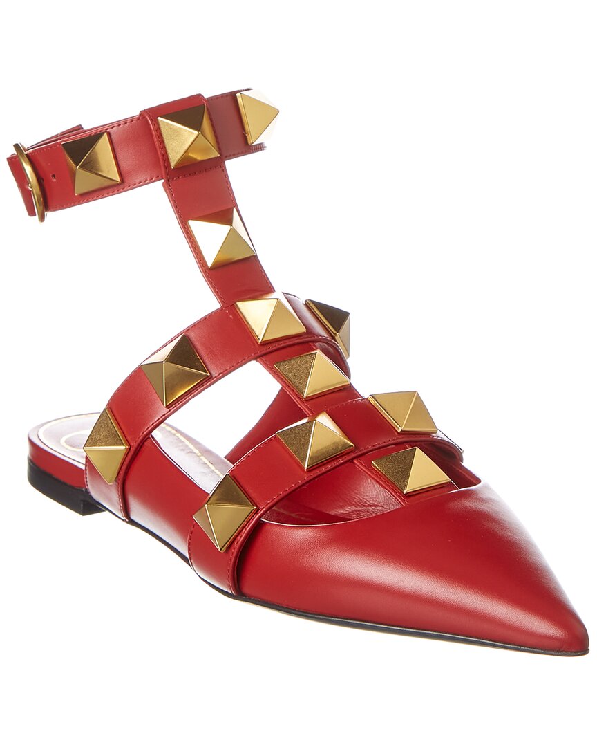 Valentino Roman Stud Leather Ankle Strap Flat Red