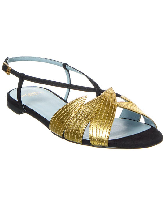 Valentino Foliefoliage Suede & Leather Sandal Black