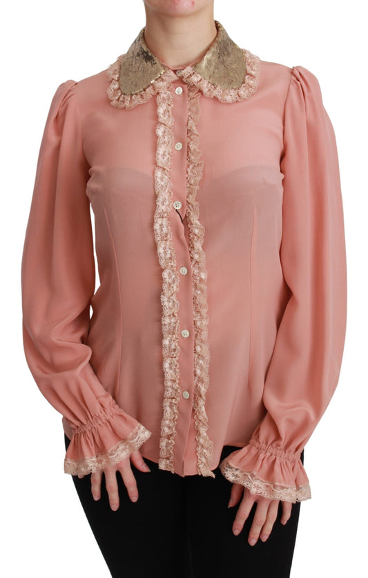 Dolce & Gabbana Pink Silk Gold Sequin Lace Blouse Women's Shirt