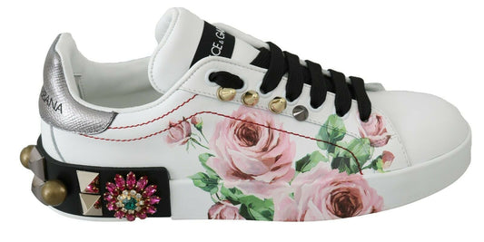 Dolce & Gabbana White Leather Crystal Roses Floral Sneakers Women's Shoes