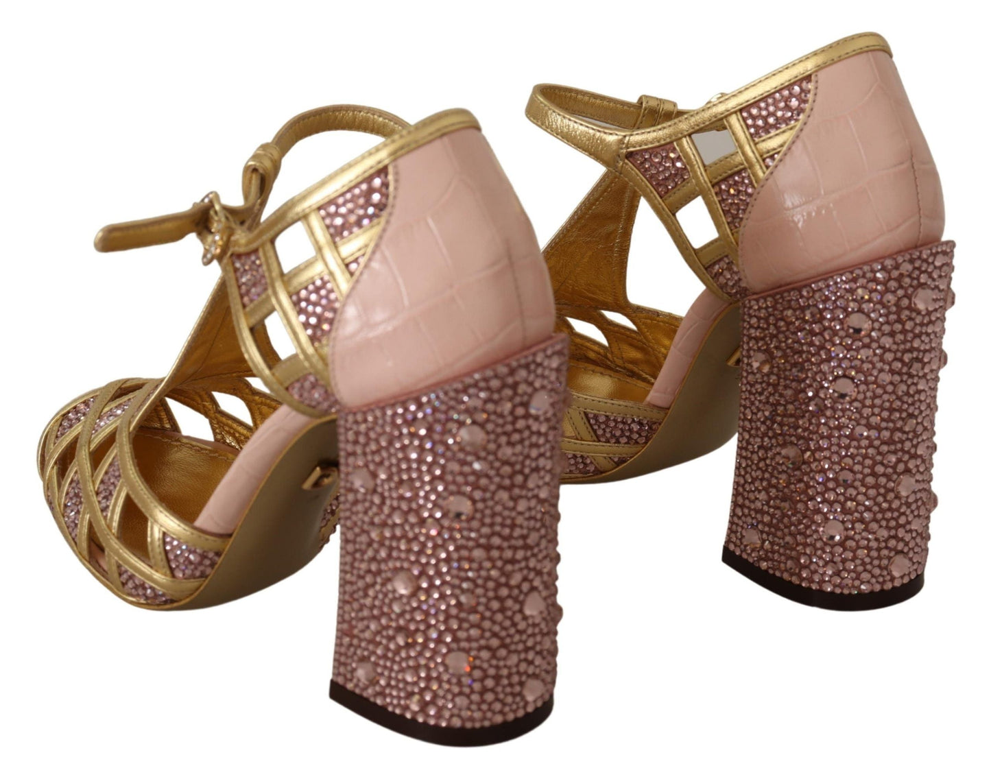 Dolce & Gabbana Pink Gold Leather Crystal Pumps T-strap Women's Shoes