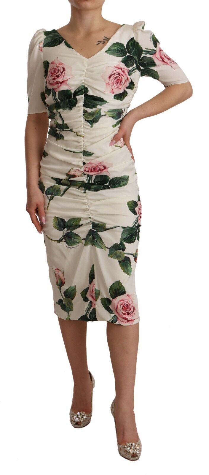 Dolce & Gabbana White Roses Print Stretch Silk Pleated Women's Dress