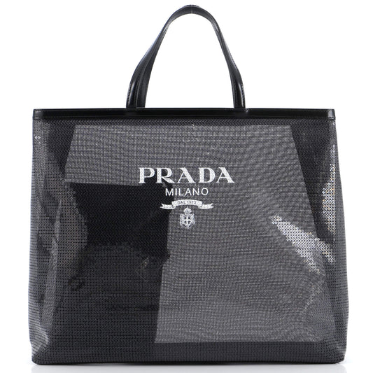 Prada Logo Open Tote Sequined Mesh Large