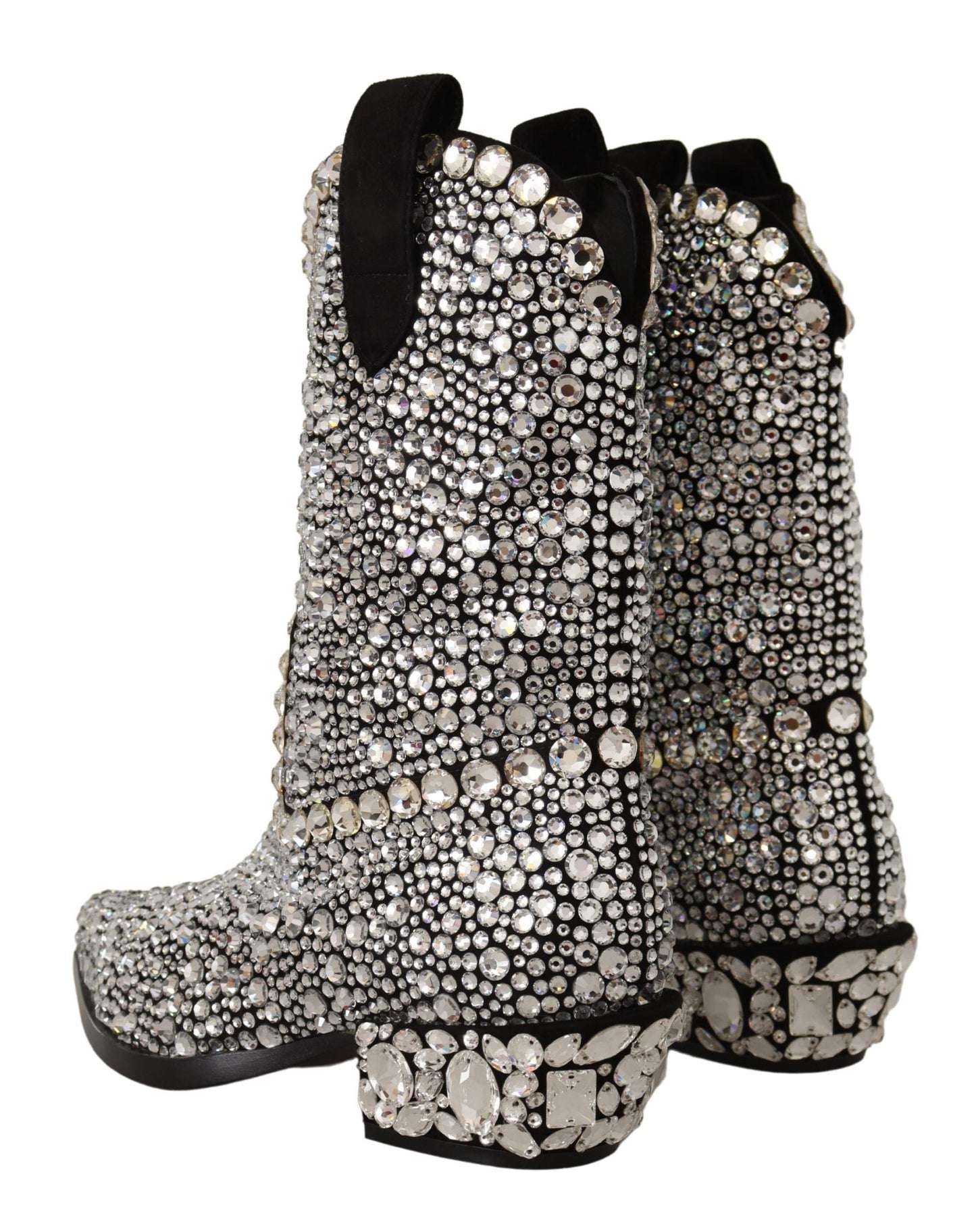 Dolce & Gabbana Black Suede Strass Crystal Cowgirl Women's Boots