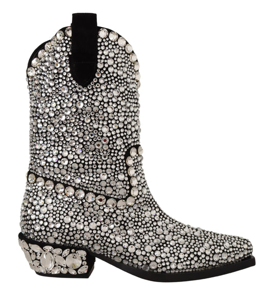 Dolce & Gabbana Black Suede Strass Crystal Cowgirl Women's Boots