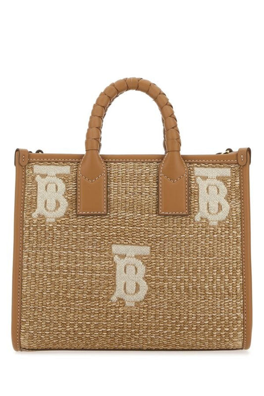 Burberry Woman Two-Tone Raffia And Leather Mini Freya Handbag