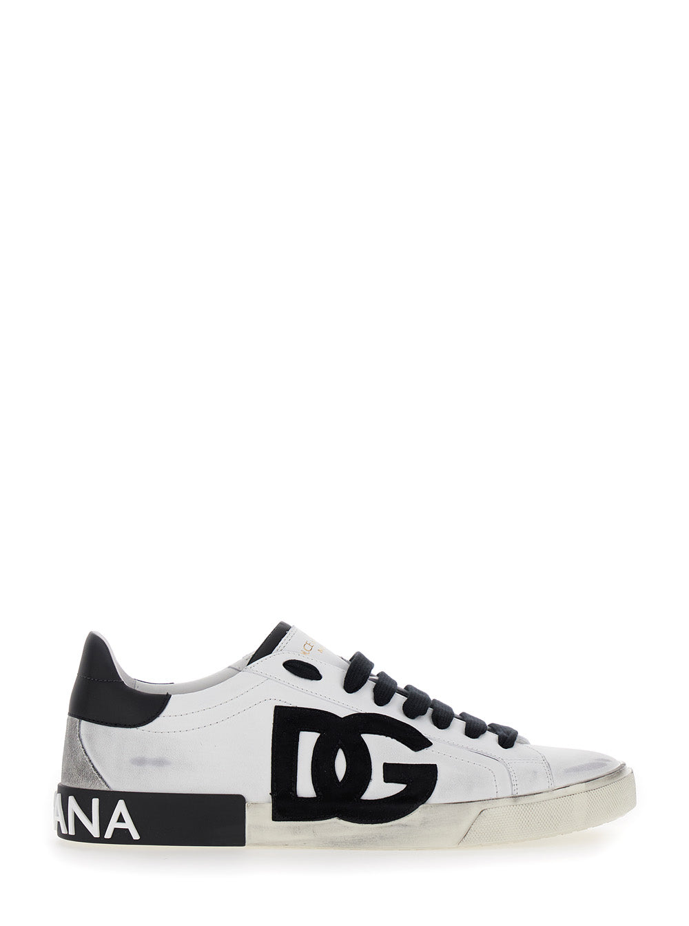 Dolce & Gabbana Men 'Portofino' White And Black Low Top Sneakers With Logo Patch And Used Effect In Leather Man