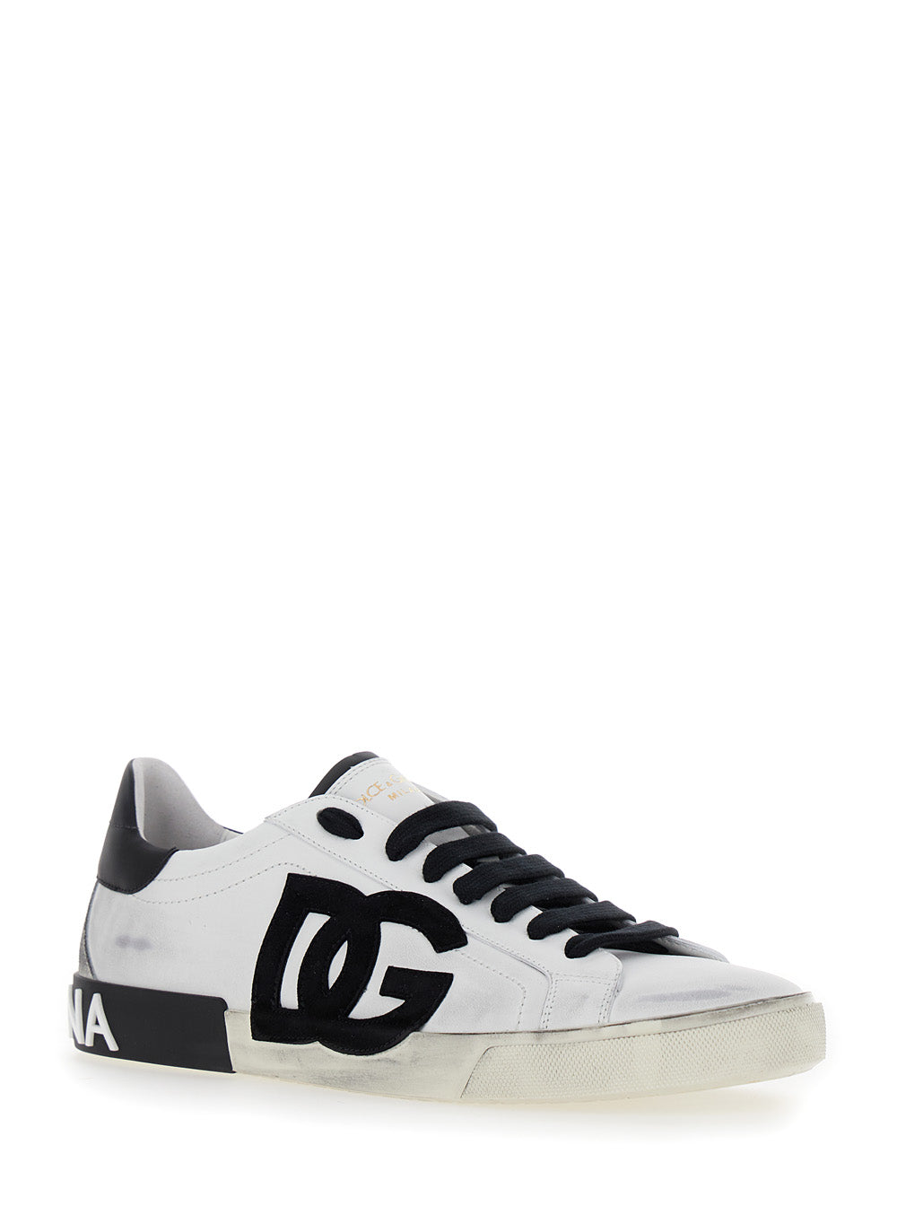 Dolce & Gabbana Men 'Portofino' White And Black Low Top Sneakers With Logo Patch And Used Effect In Leather Man