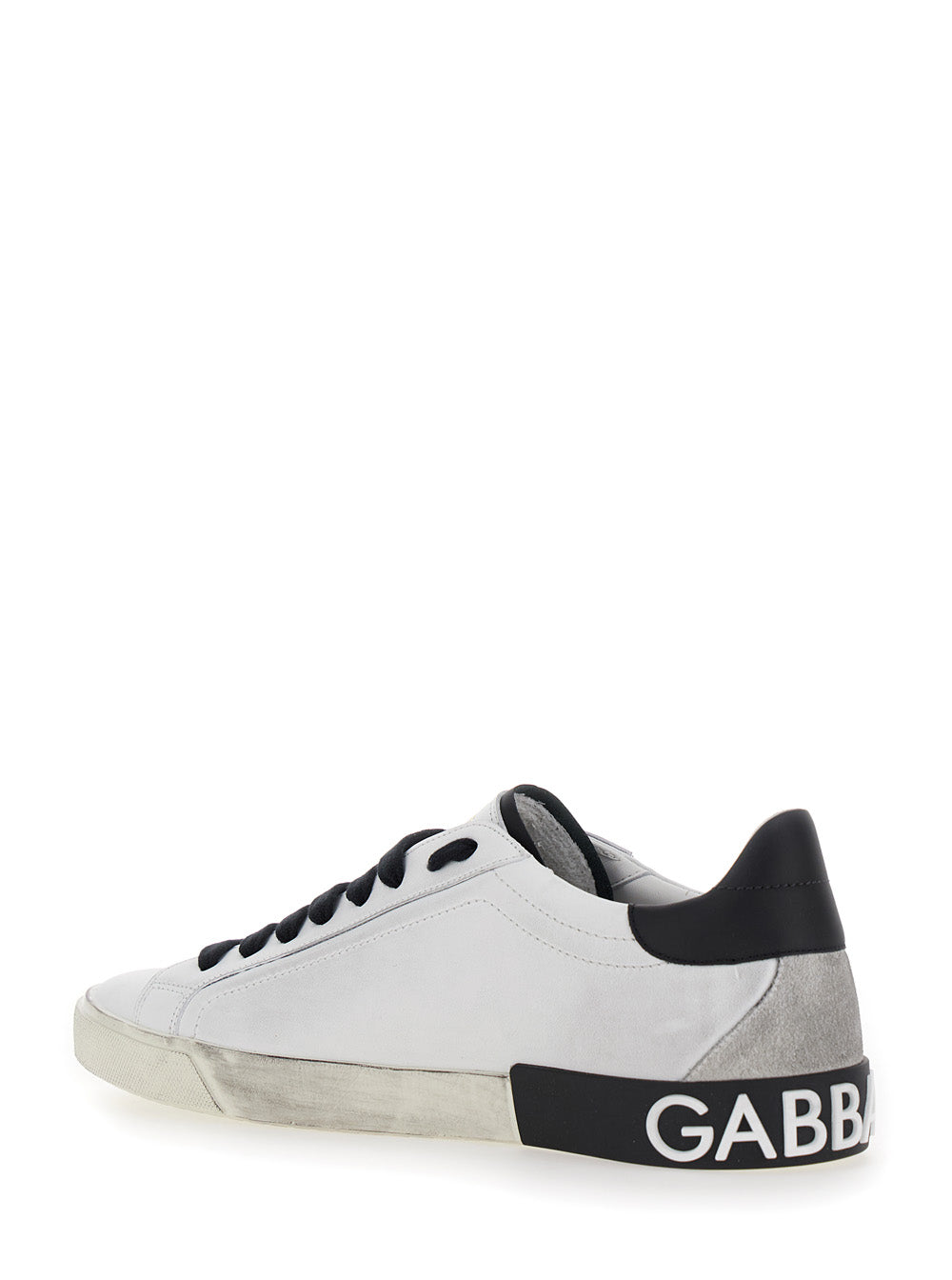 Dolce & Gabbana Men 'Portofino' White And Black Low Top Sneakers With Logo Patch And Used Effect In Leather Man