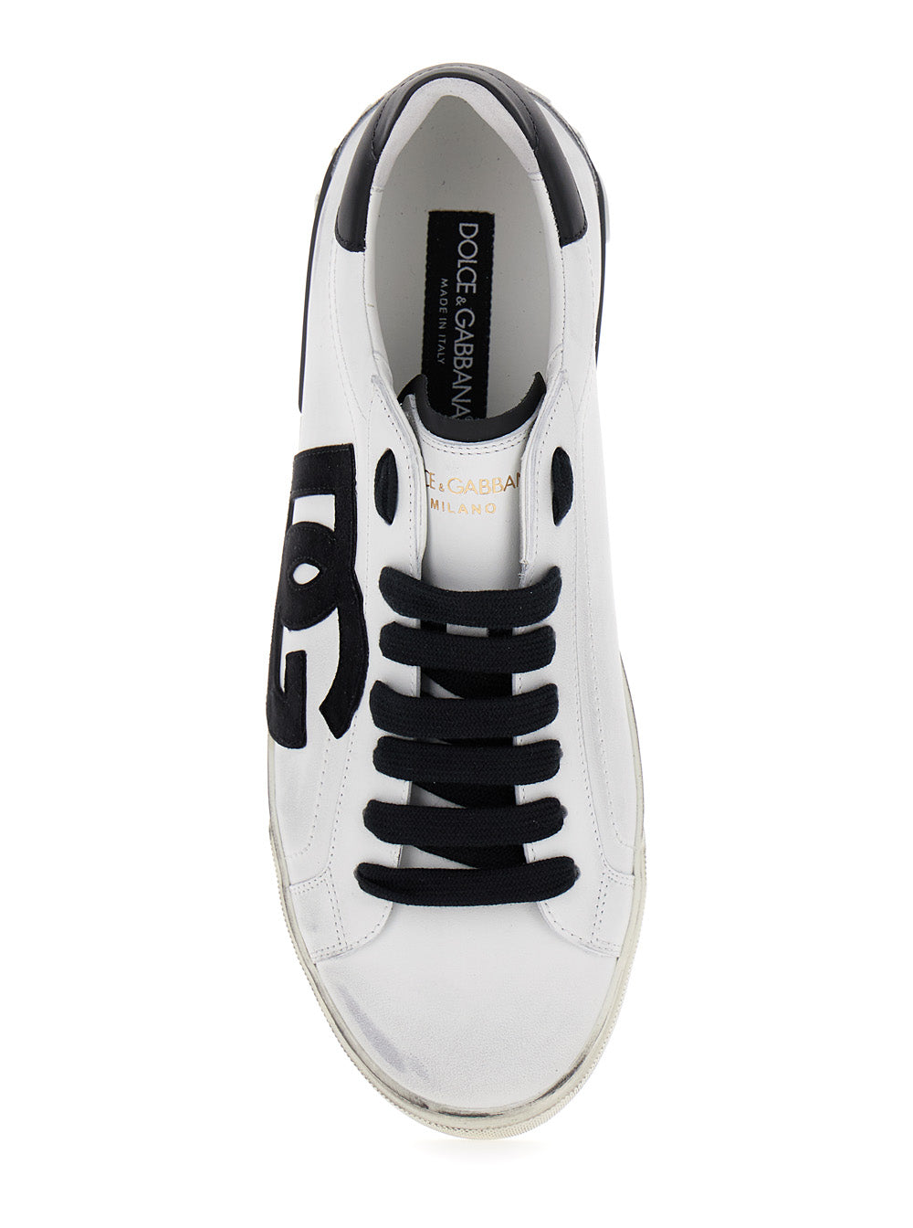 Dolce & Gabbana Men 'Portofino' White And Black Low Top Sneakers With Logo Patch And Used Effect In Leather Man