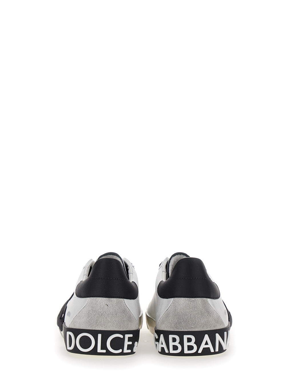 Dolce & Gabbana Men 'Portofino' White And Black Low Top Sneakers With Logo Patch And Used Effect In Leather Man