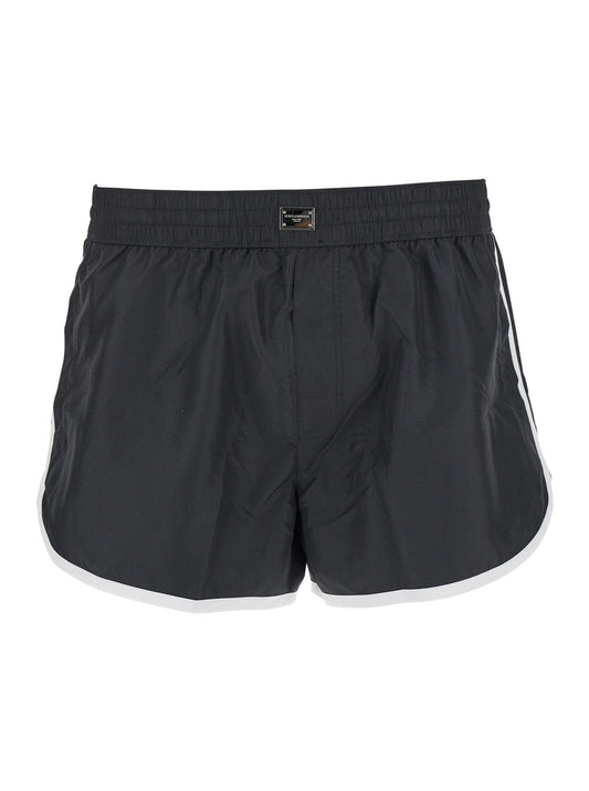 Dolce & Gabbana Men Black Swimsuit With Logo Plate On The Front In Tech Fabric Man