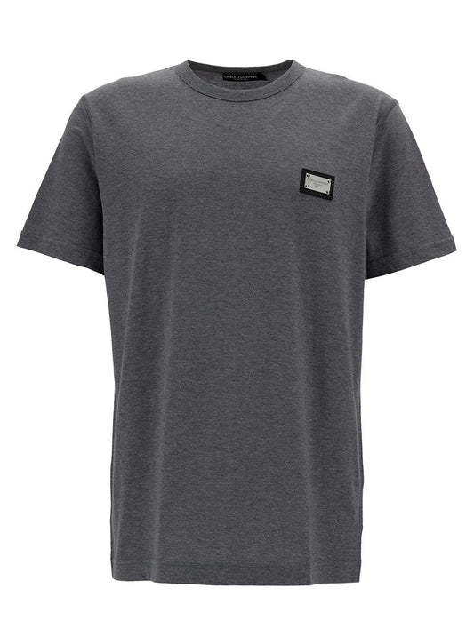 Dolce & Gabbana Men Grey Crewneck T-Shirt With Logo Plaque In Cotton Man