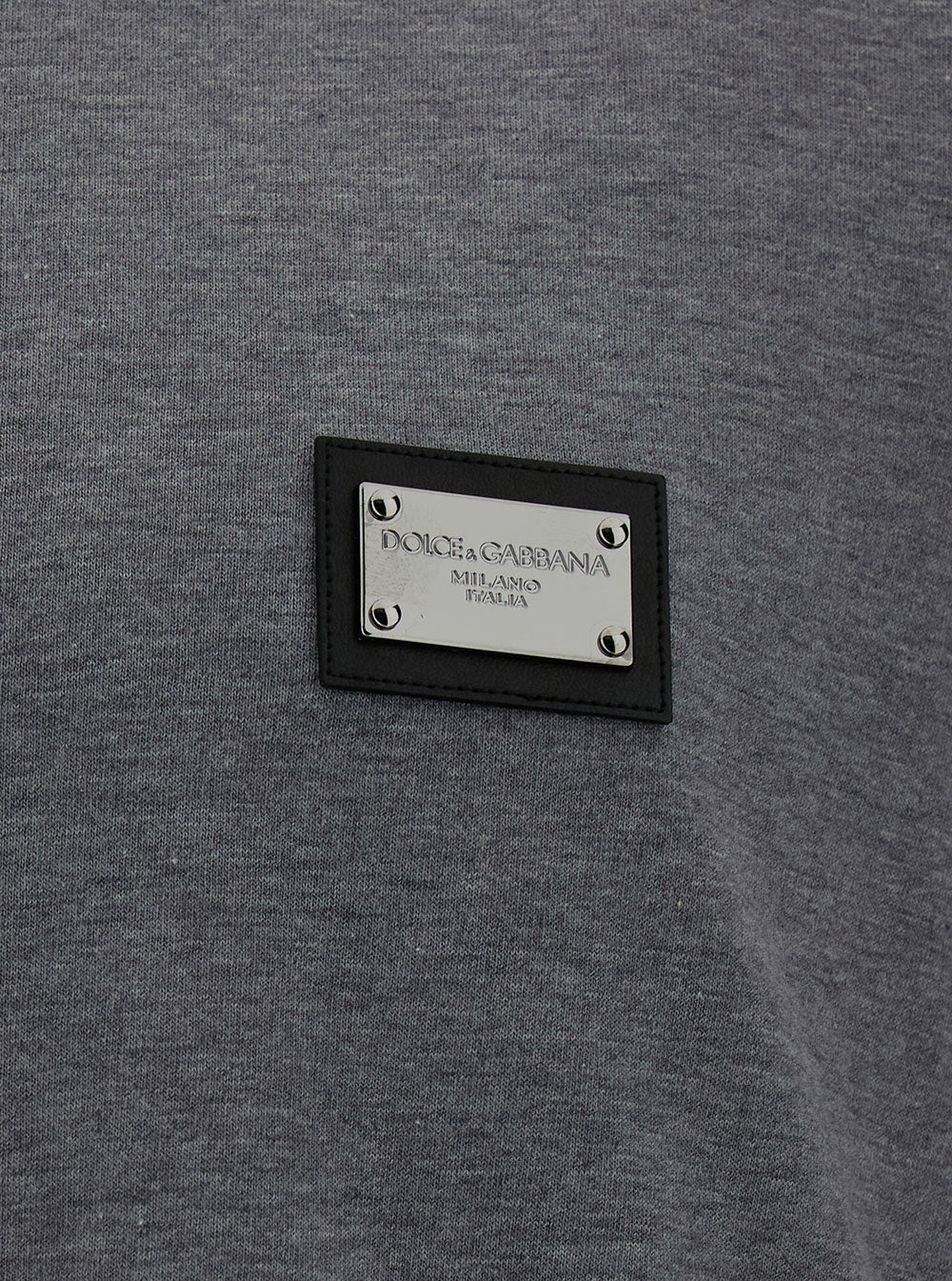 Dolce & Gabbana Men Grey Crewneck T-Shirt With Logo Plaque In Cotton Man