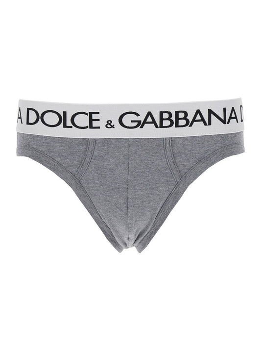 Dolce & Gabbana Men Grey Briefs With Branded Band In Stretch Cotton Man