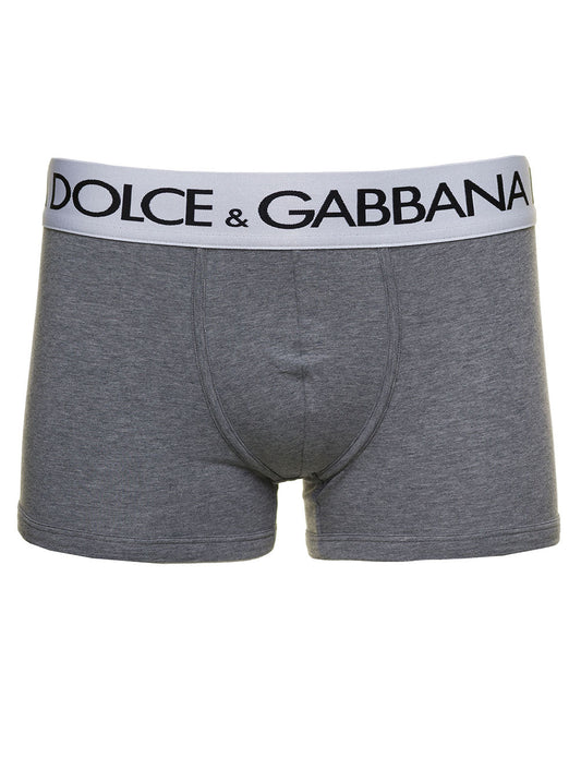 Dolce & Gabbana Men Grey Boxer Briefs With Branded Waistband In Stretch Cotton Man
