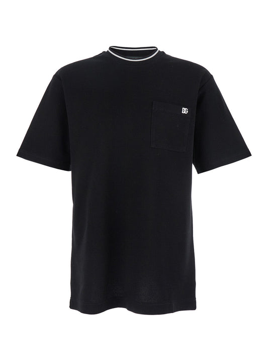 Dolce & Gabbana Men Black Crewneck T-Shirt With Logo Embroidery On The Front In Cotton Man