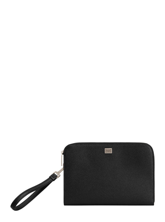Dolce & Gabbana Men Black Clutch With Removable Wrist Strap And Logo Plaque On The Front In Grained Leather Man