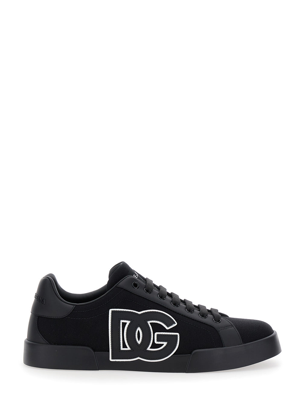 Dolce & Gabbana Men 'Portofino' Black Low Top Sneakers With Logo Embroidery On The Side And Logo Patch On The Tongue In Cotton Blend Man