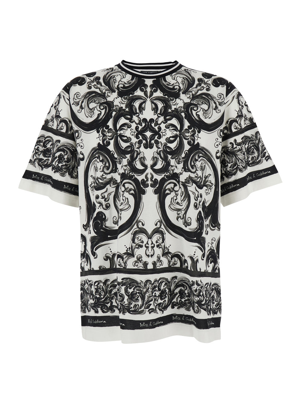 Dolce & Gabbana Men Black And White Crewneck T-Shirt With All-Over Graphic Print In Cotton Man