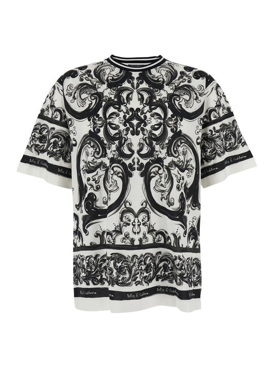 Dolce & Gabbana Men Black And White Crewneck T-Shirt With All-Over Graphic Print In Cotton Man