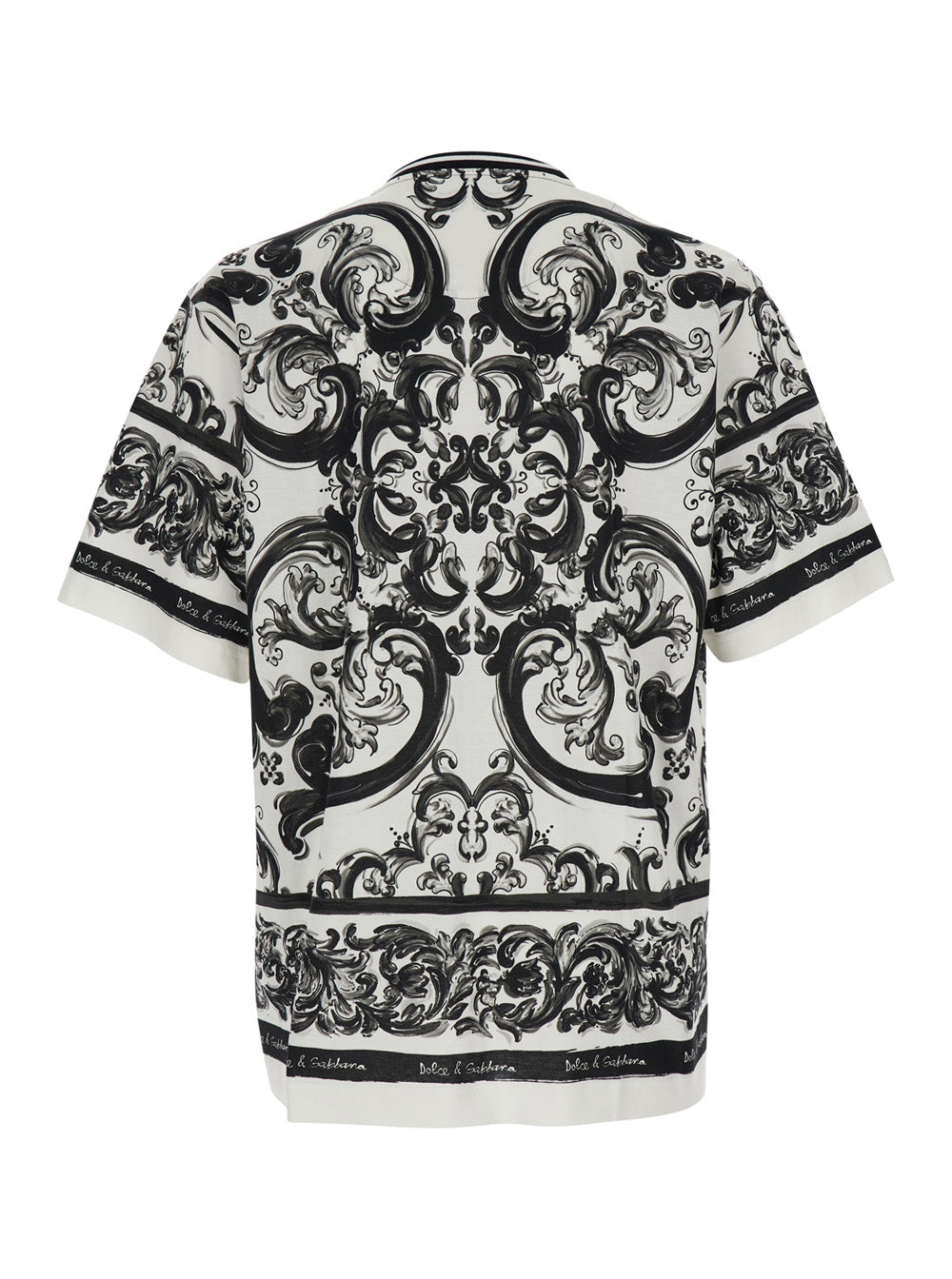 Dolce & Gabbana Men Black And White Crewneck T-Shirt With All-Over Graphic Print In Cotton Man