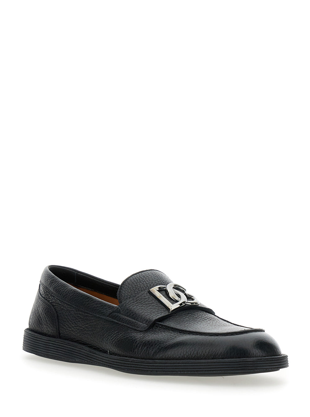 Dolce & Gabbana Men 'Florio' Black Loafers With Dg Plaque On The Front In Grained Leather Man