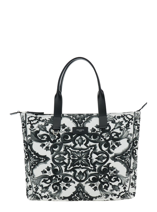 Dolce & Gabbana Men Black Tote Bag With Top Zip Closure And All-Over Print In Tech Fabric Man