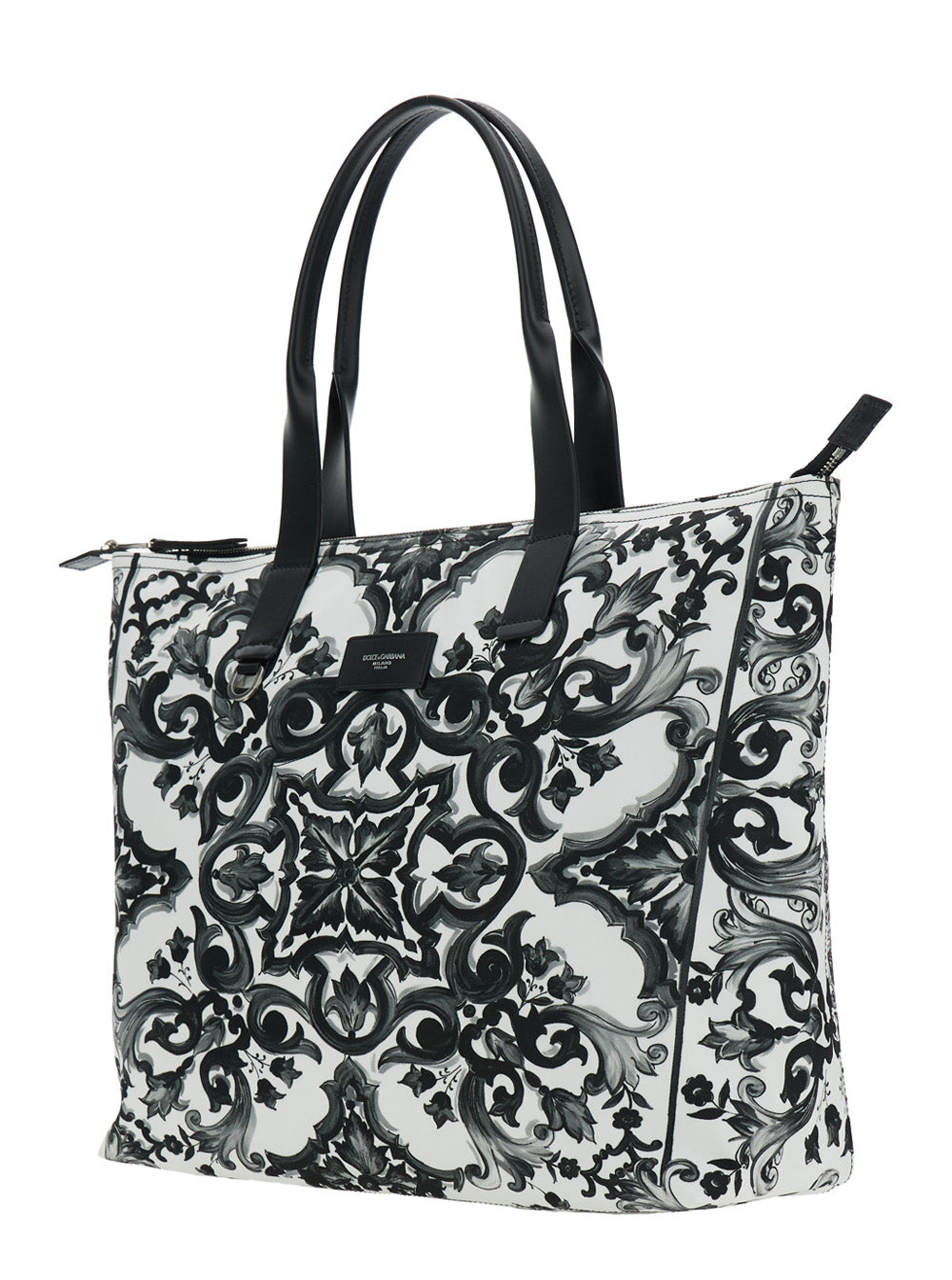 Dolce & Gabbana Men Black Tote Bag With Top Zip Closure And All-Over Print In Tech Fabric Man