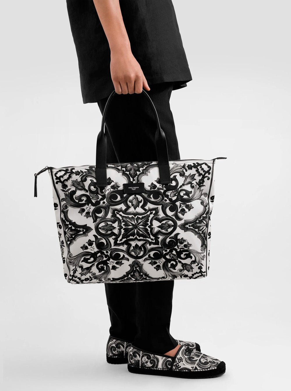 Dolce & Gabbana Men Black Tote Bag With Top Zip Closure And All-Over Print In Tech Fabric Man