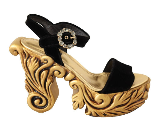 Dolce & Gabbana Black Gold Baroque Velvet Heels Crystal Women's Shoes