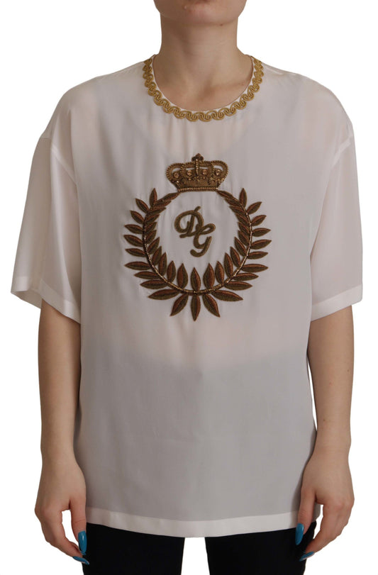 Dolce & Gabbana White Silk Gold DG Crown Crystal Blouse Women's Top