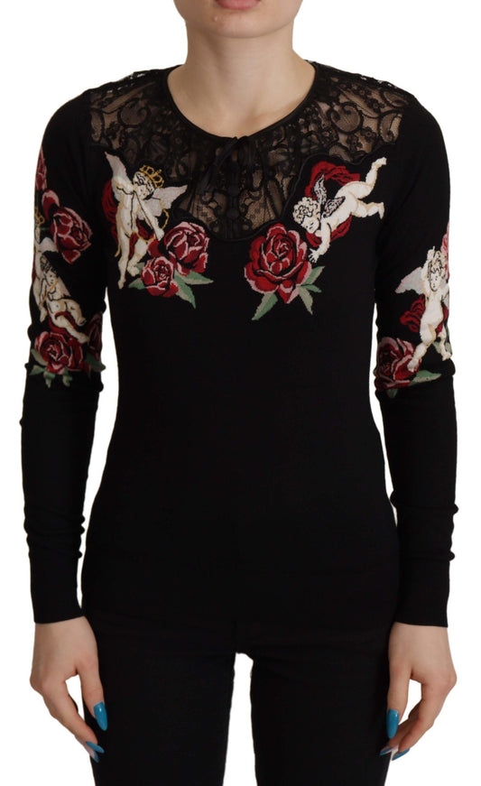 Dolce & Gabbana Black Lace Angel Roses Cardigan Women's Sweater
