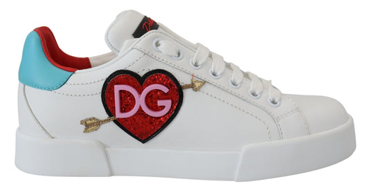 Dolce & Gabbana White Leather Sneaker Portofino Logo Heart Women's Shoes