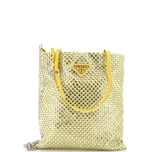 Prada Chain Flat Tote Crystal Embellished Satin Mini