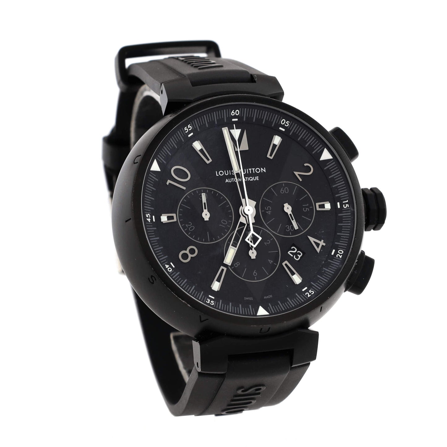 All Black Tambour Chronograph Automatic Watch PVD Stainless Steel and Rubber 46