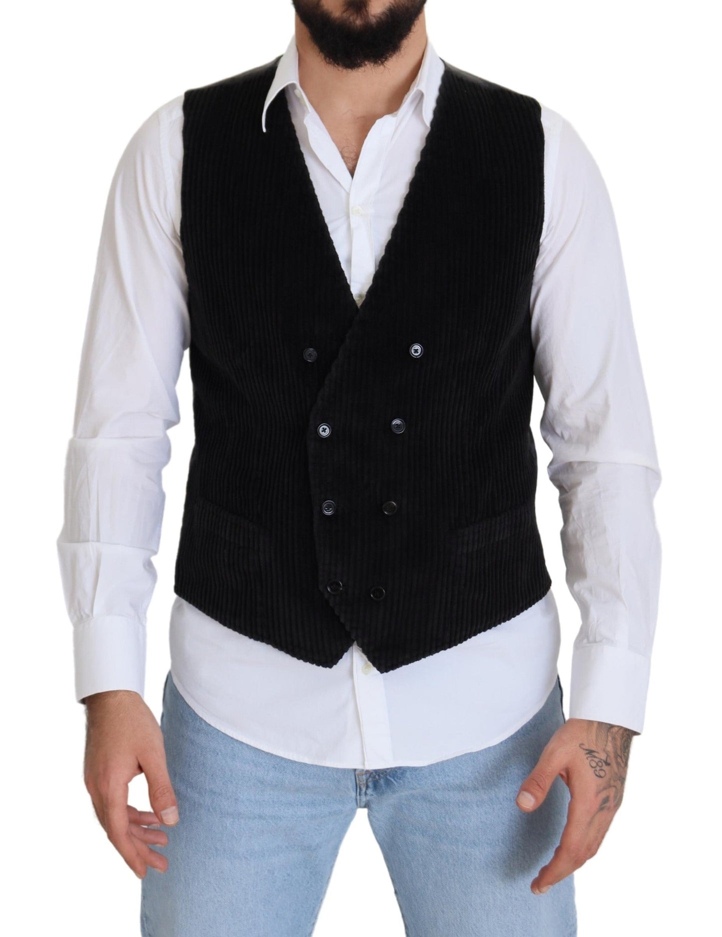 Dolce & Gabbana Black Cotton Double Breasted Waistcoat Men's Vest