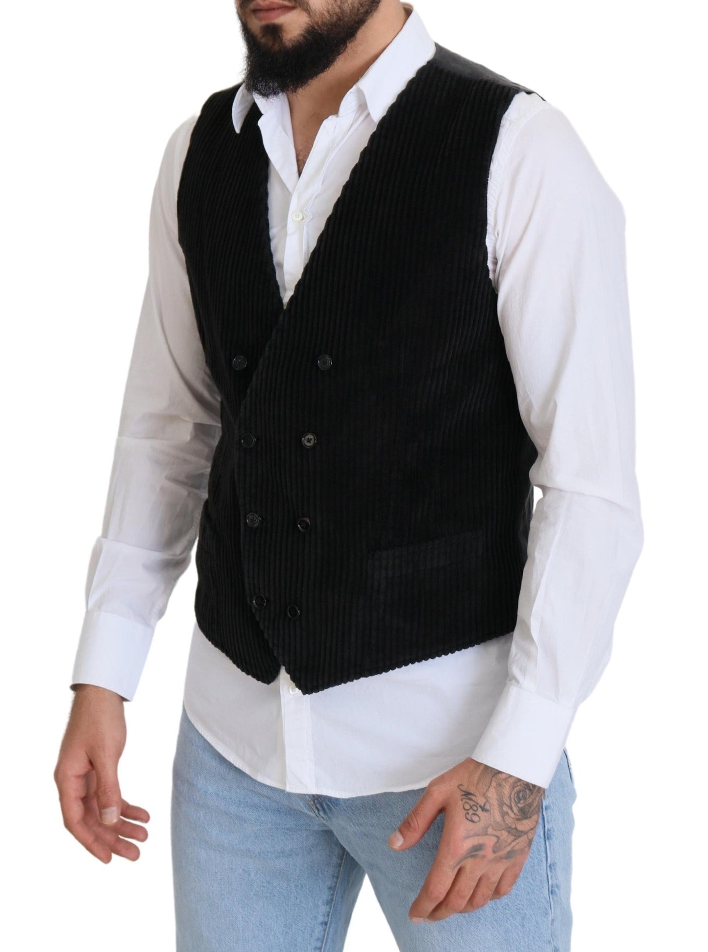 Dolce & Gabbana Black Cotton Double Breasted Waistcoat Men's Vest