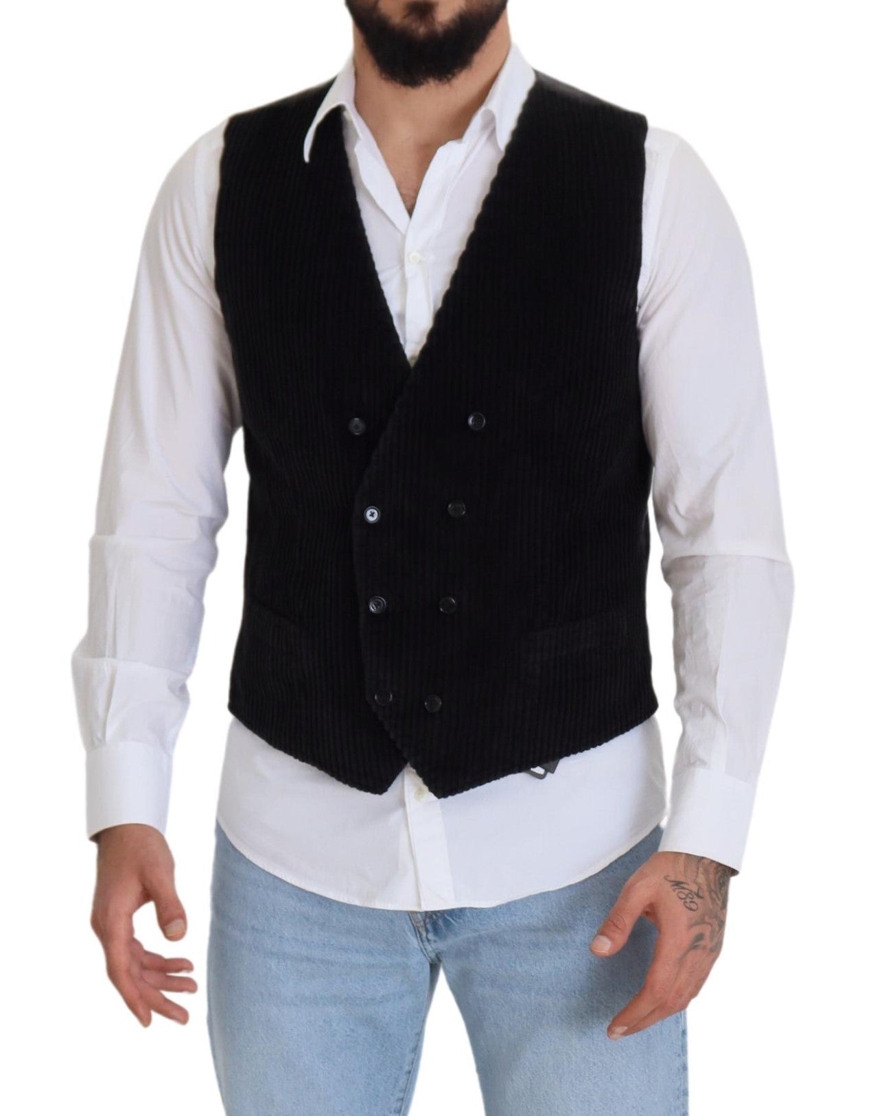 Dolce & Gabbana Black Cotton Double Breasted Waistcoat Men's Vest